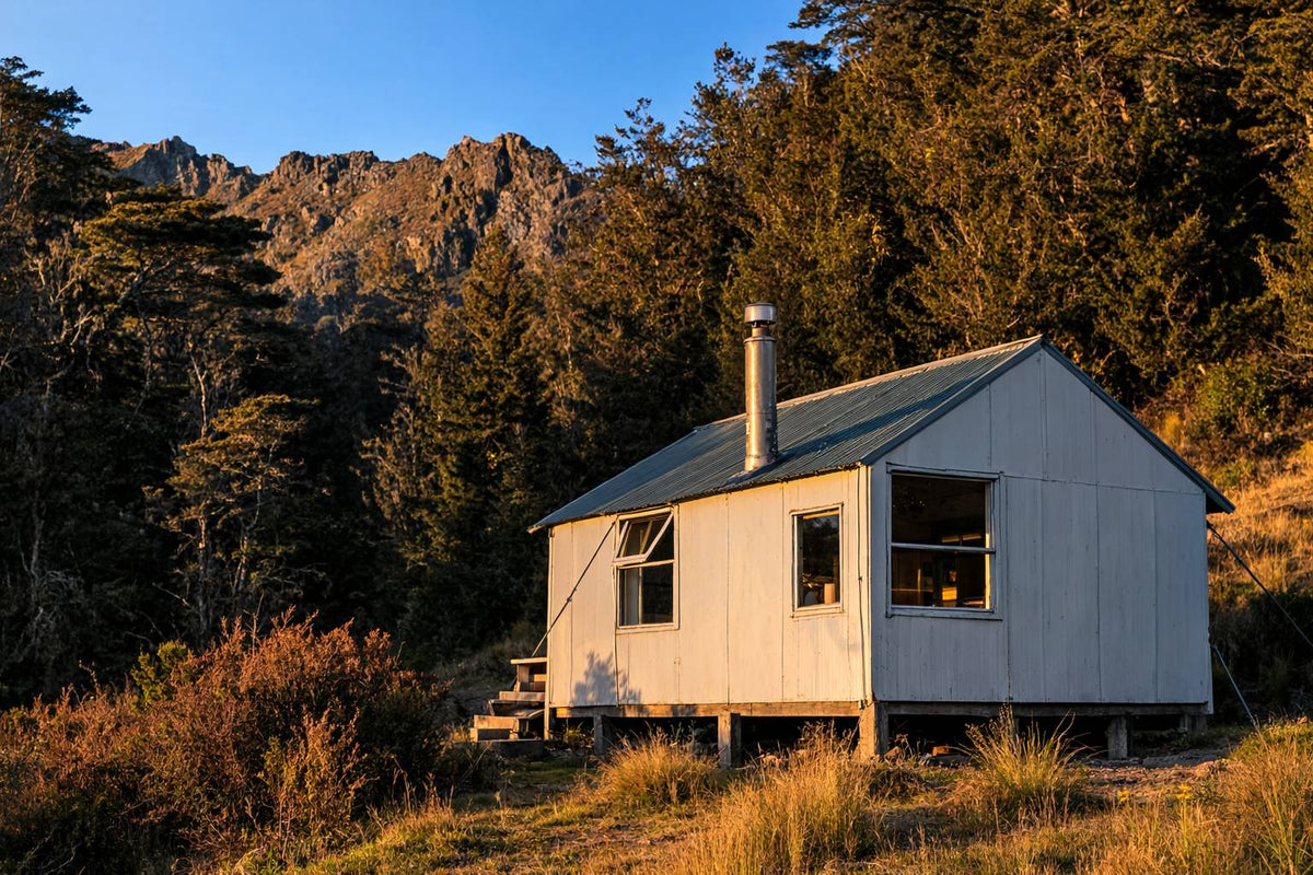 Small cabin in a forested area with mountains in the background