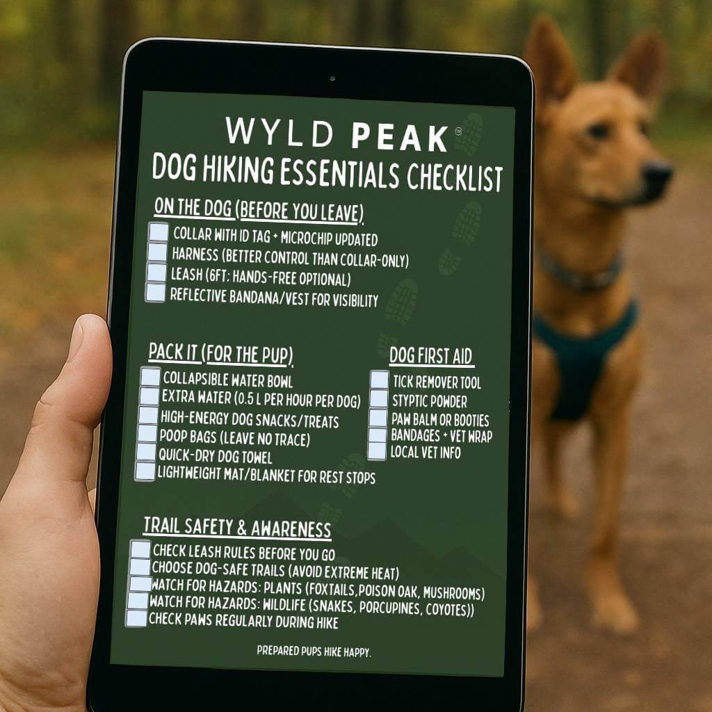 Phone displaying a Wyld Peak dog hiking essentials checklist with a dog in the background.