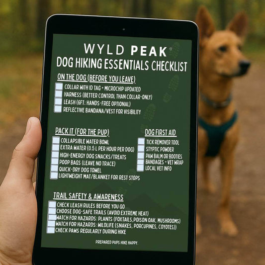 Phone displaying a Wyld Peak dog hiking essentials checklist with a dog in the background.