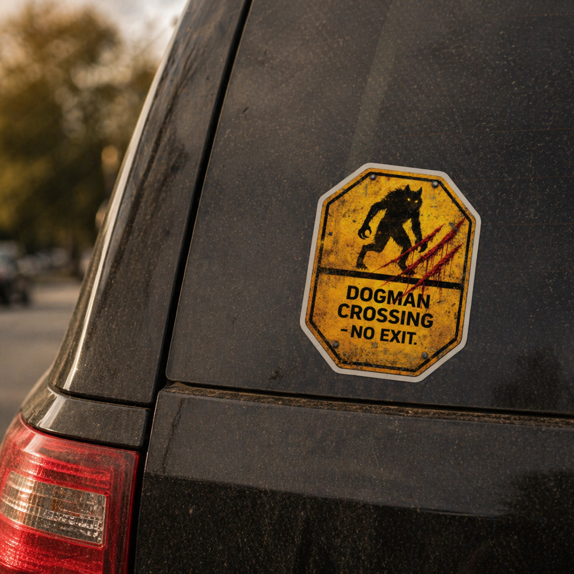 Sticker on a vehicle's rear window with 'Dogman Crossing - No Exit' text and graphic.