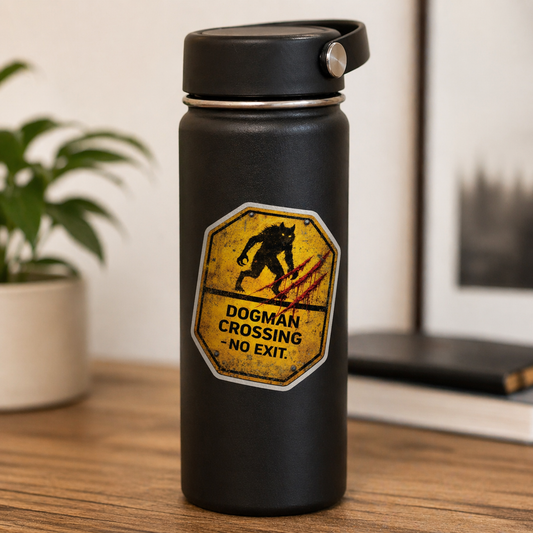 Black water bottle with a 'Dogman Crossing' label on a wooden surface.