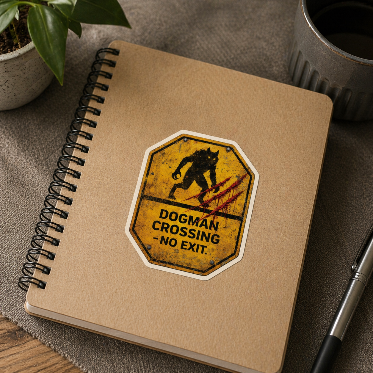 Notebook with a 'Dogman Crossing' sticker on a desk with a plant and mug in the background