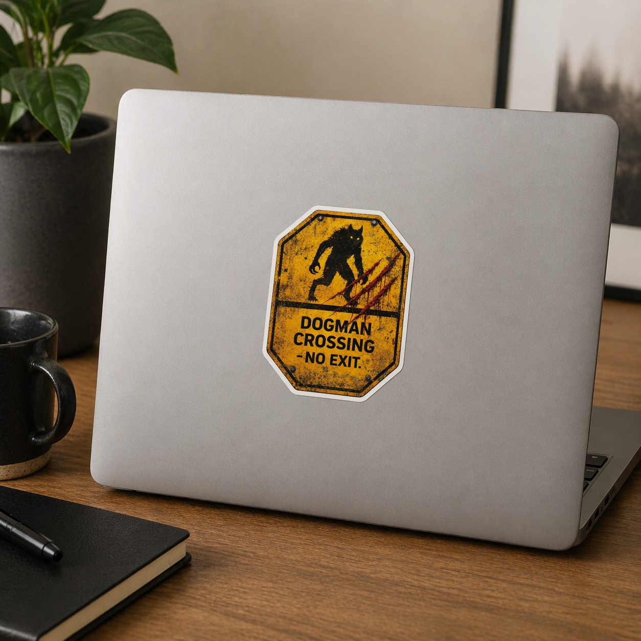 Laptop with a 'Dogman Crossing - No Exit' sticker on a wooden desk.