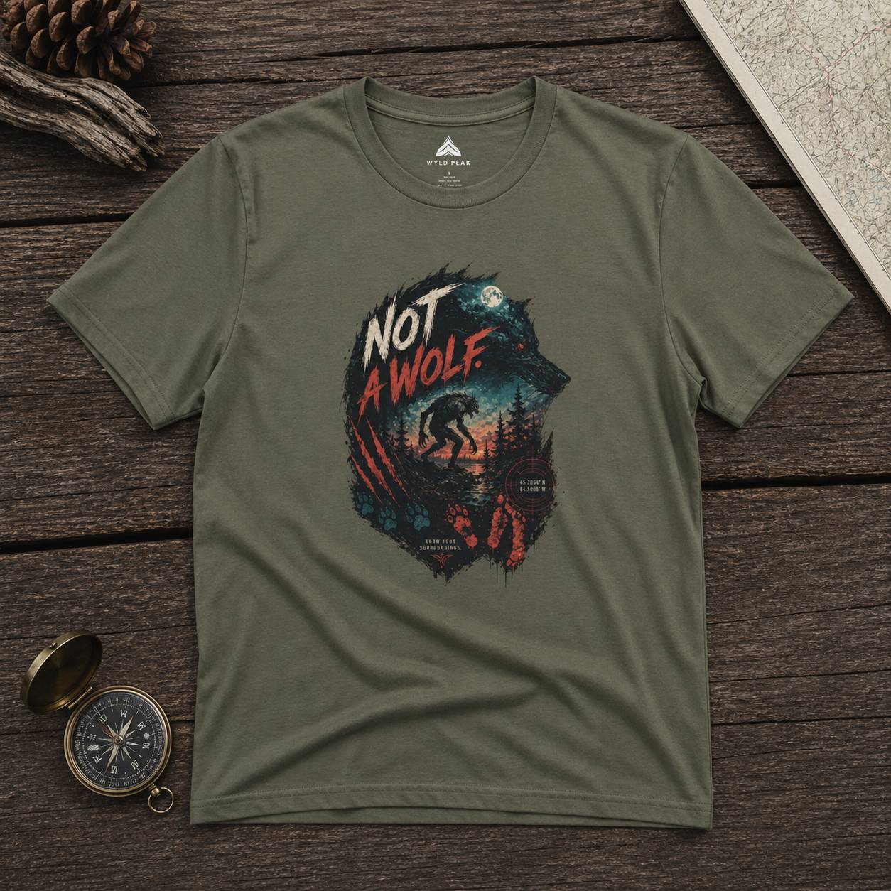Green t-shirt with 'Not a Wolf' graphic design on a wooden surface