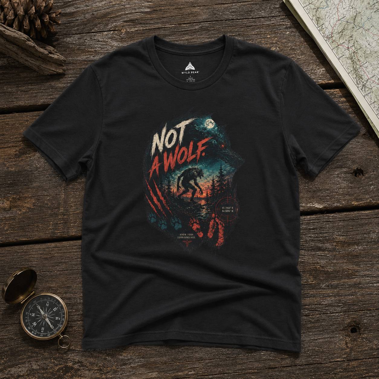 Black t-shirt with 'Not a Wolf' graphic design on a wooden surface