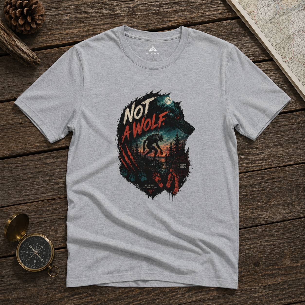 Gray t-shirt with 'Not a Wolf' graphic design on a wooden surface