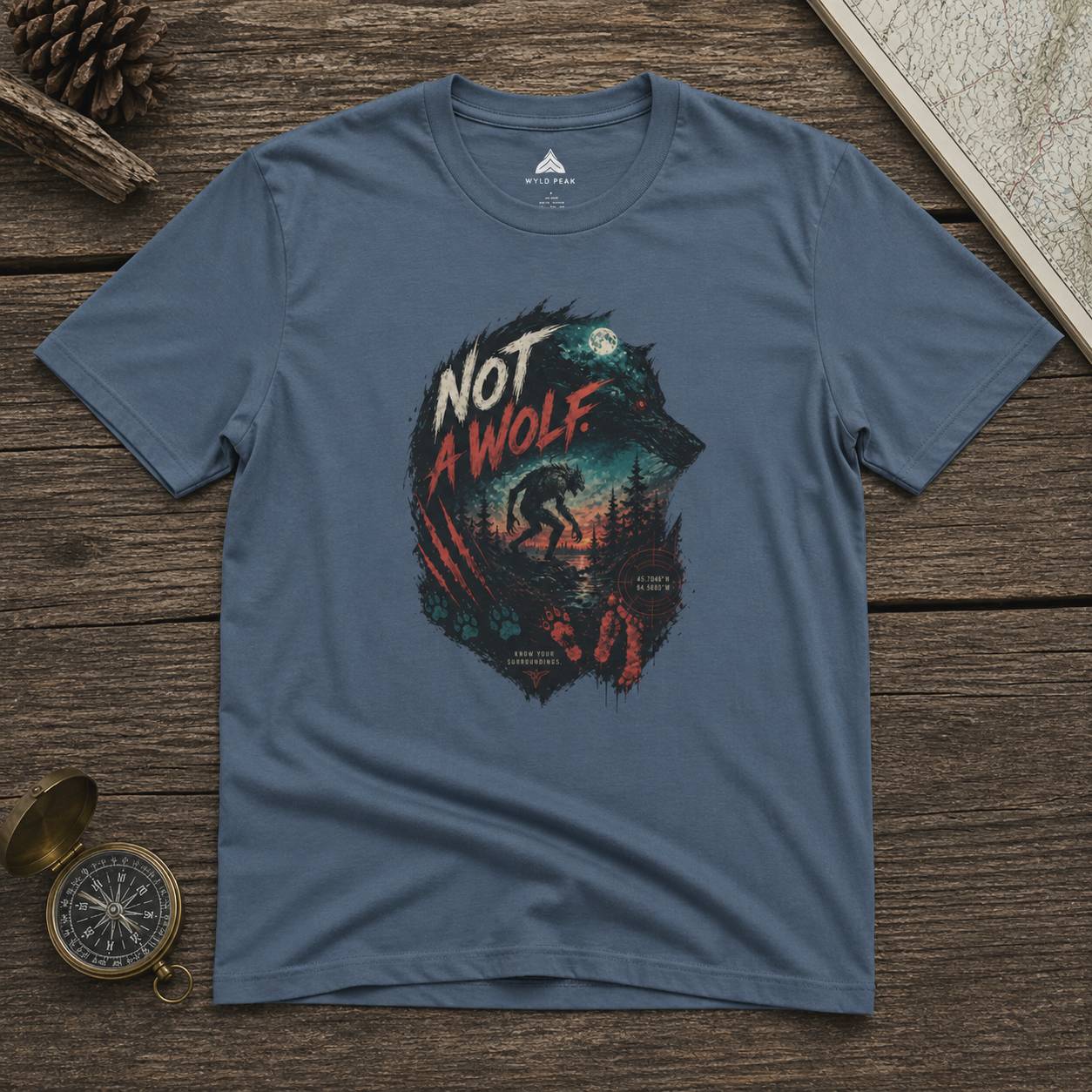 Blue t-shirt with 'Not a Wolf' graphic design on a wooden surface