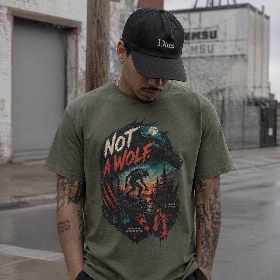 Man wearing a green t-shirt with 'Not a Wolf' graphic and a black cap in an urban setting.