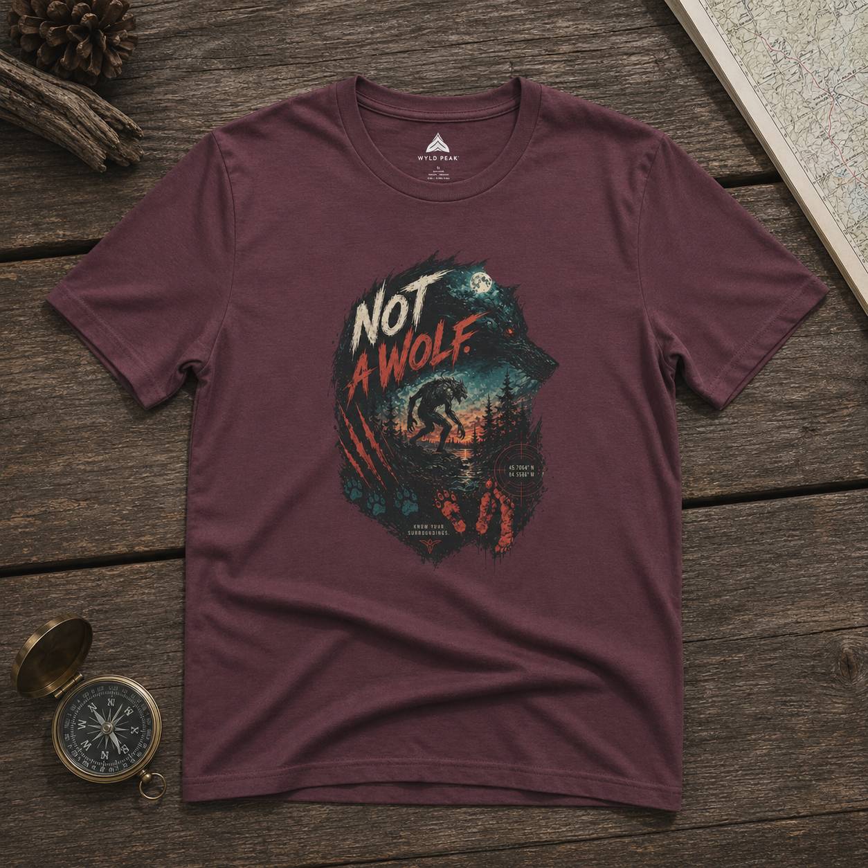 Maroon t-shirt with 'Not a Wolf' graphic on a wooden surface with nature-themed objects.