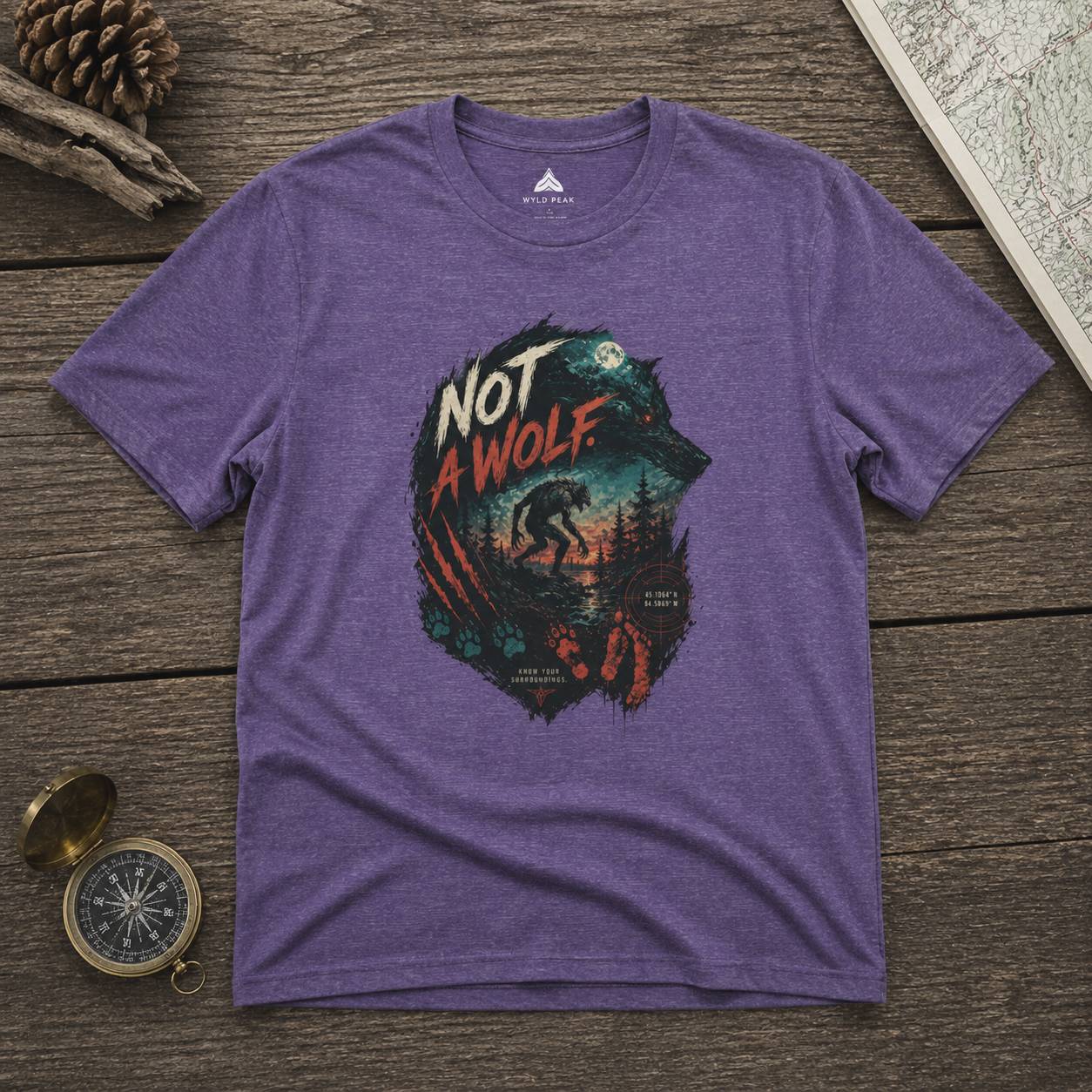 Purple t-shirt with 'Not a Wolf' graphic on a wooden surface