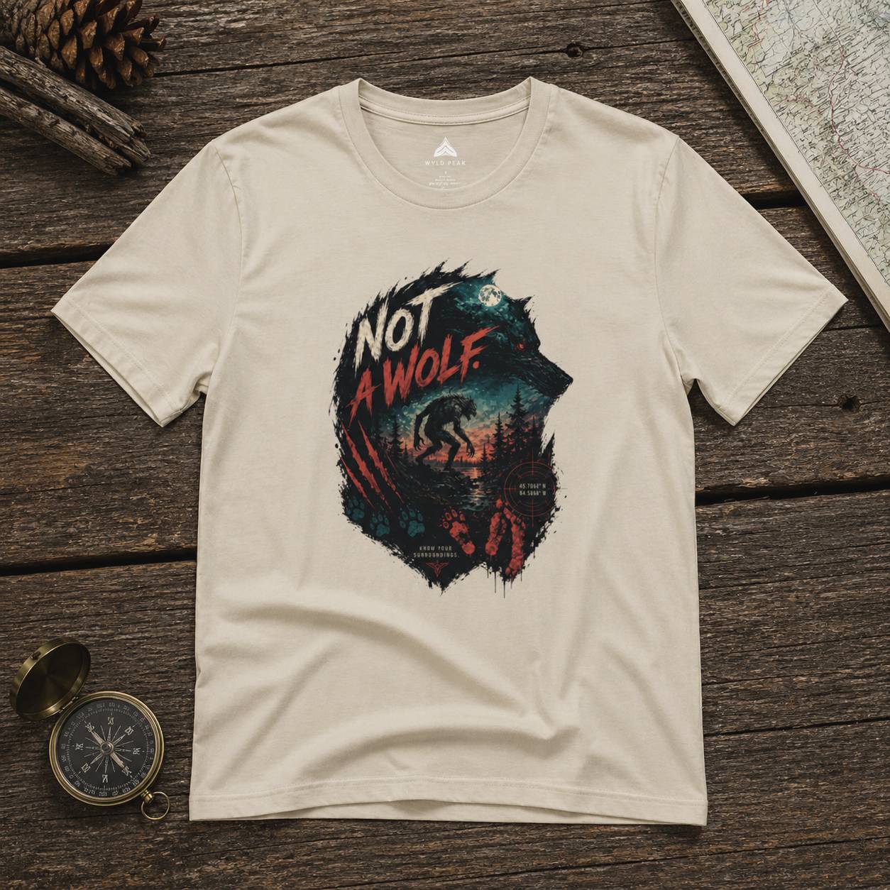 Beige t-shirt with 'Not a Wolf' graphic design on a wooden surface