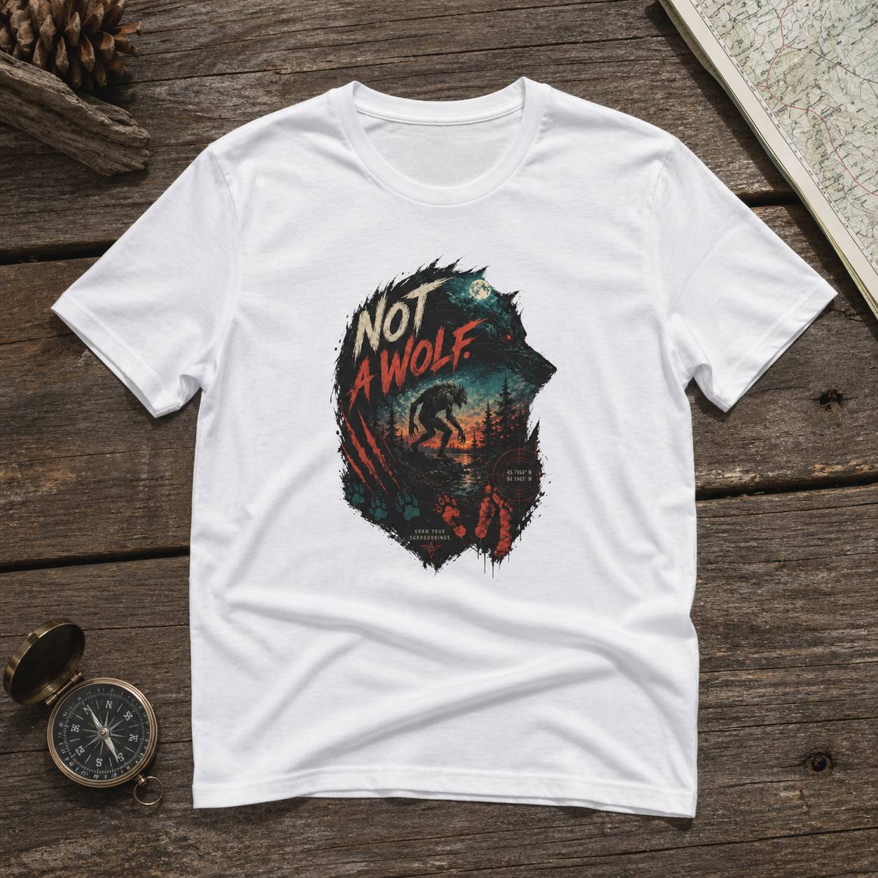 White t-shirt with 'Not a Wolf' graphic design on a wooden surface