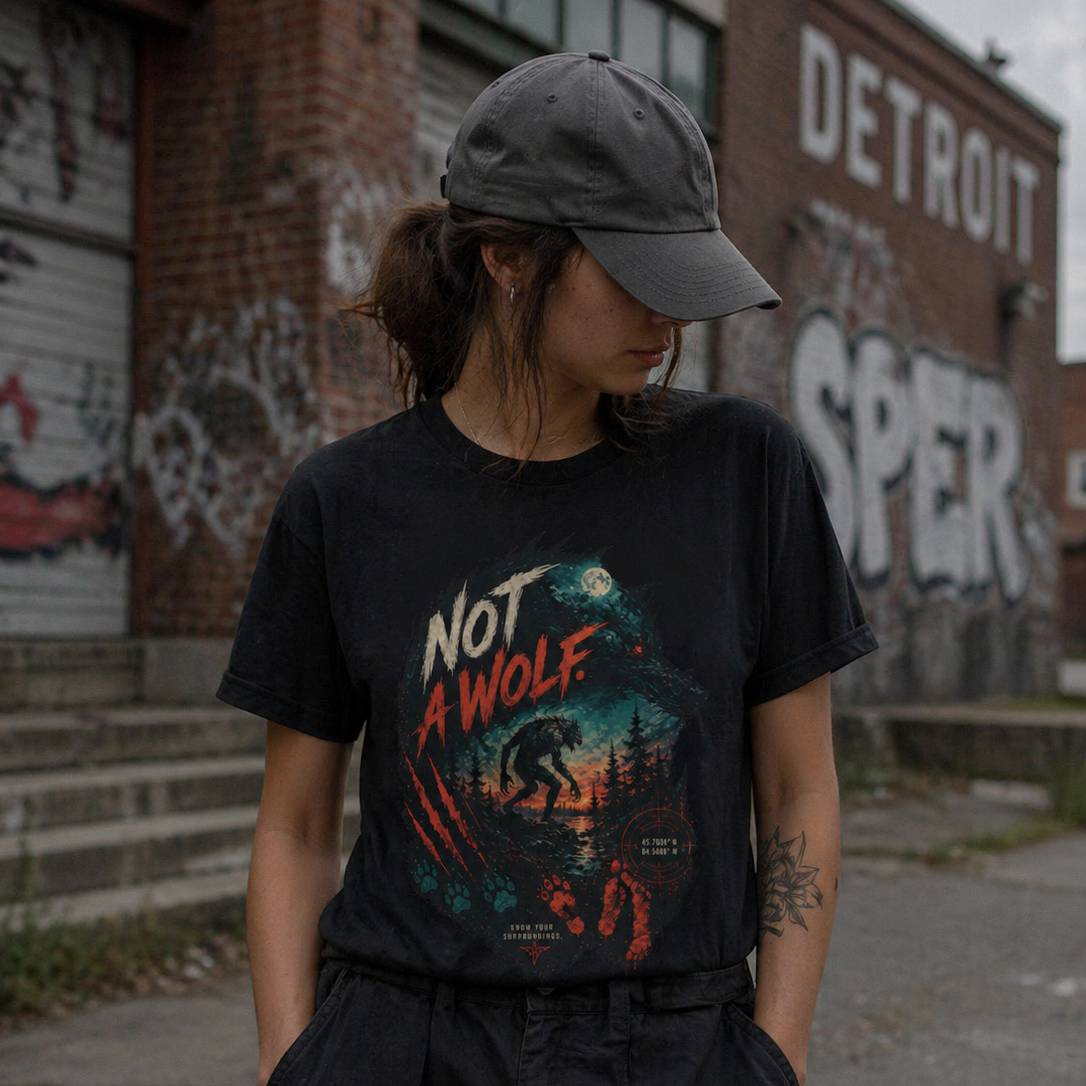 Person wearing a black t-shirt with 'Not A Wolf' design in front of a graffiti-covered wall.