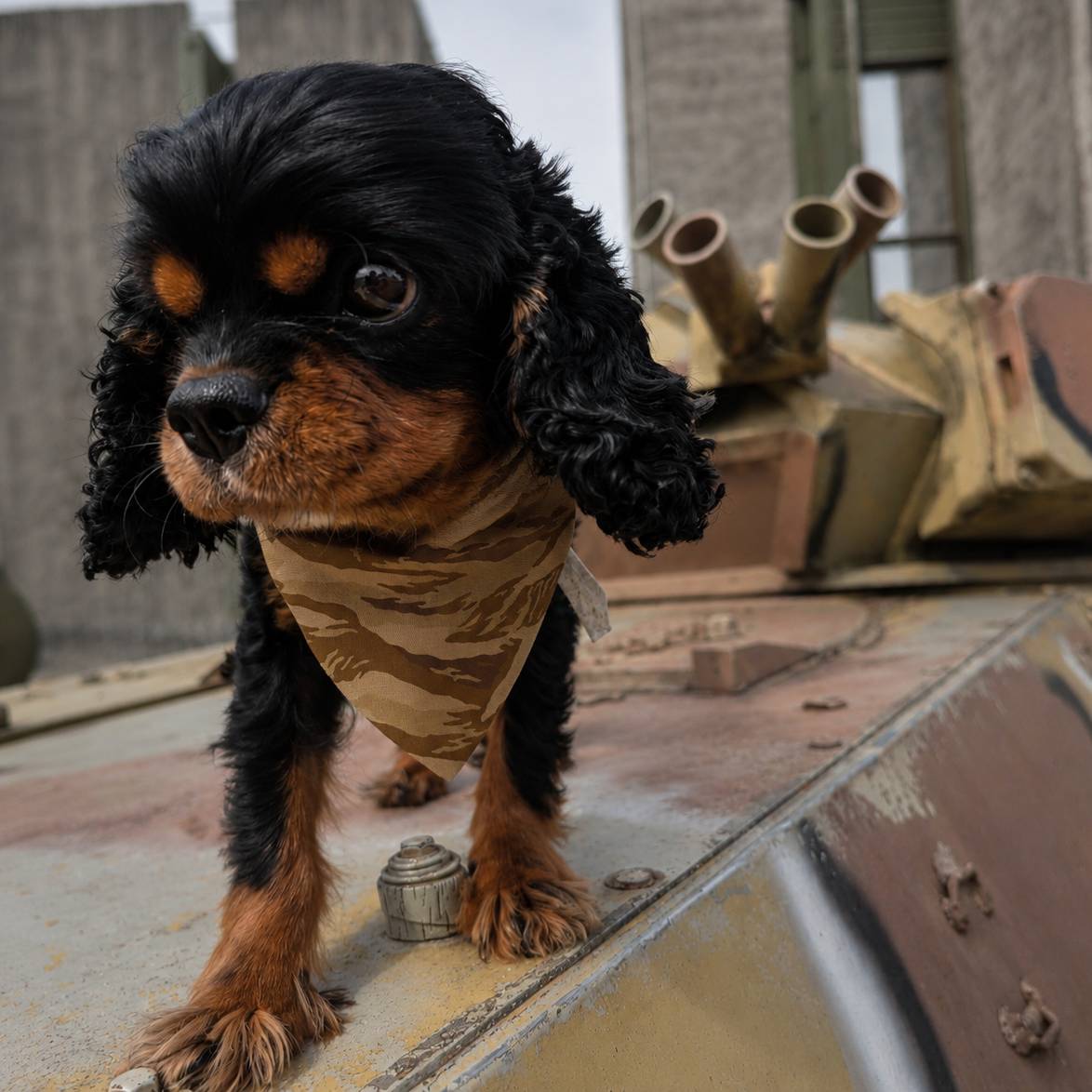 Dog in a camouflage outfit standing on a tank