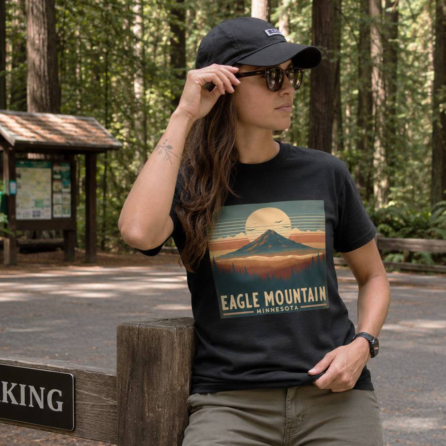 Person wearing a black t-shirt with 'Eagle Mountain, Minnesota' design in a forest setting.