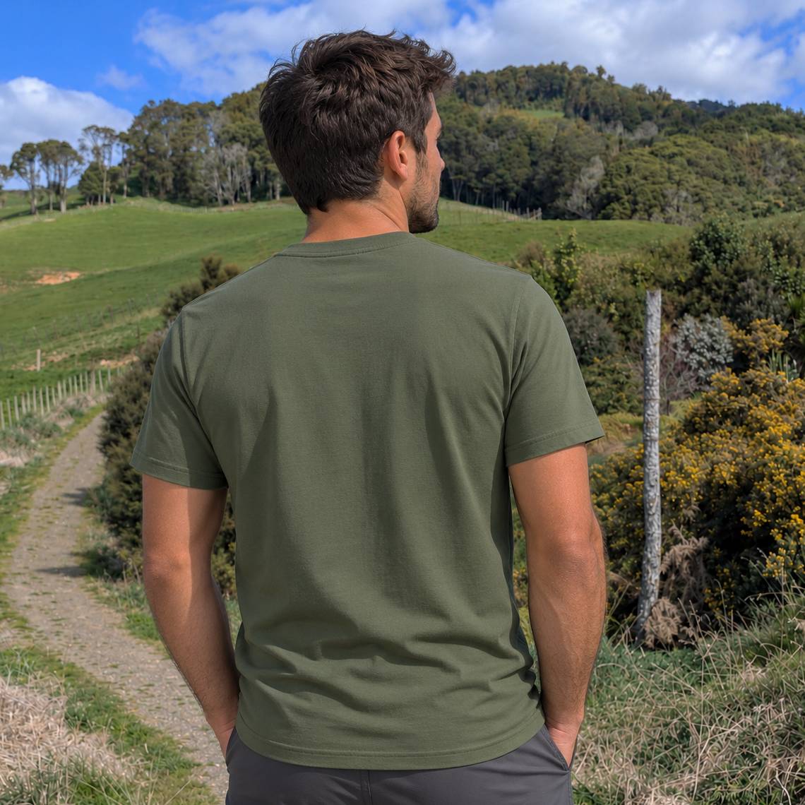 A man viewed from behind wearing an olive green short-sleeve t-shirt, standing outdoors on a dirt path with a lush green hillside and forest in the background under a blue sky.