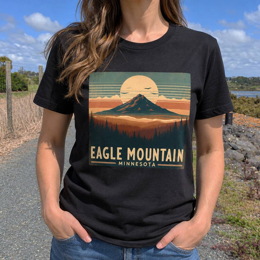 A woman wearing a black graphic t-shirt with a retro-style 'Eagle Mountain Minnesota' mountain print, standing outdoors on a gravel path.