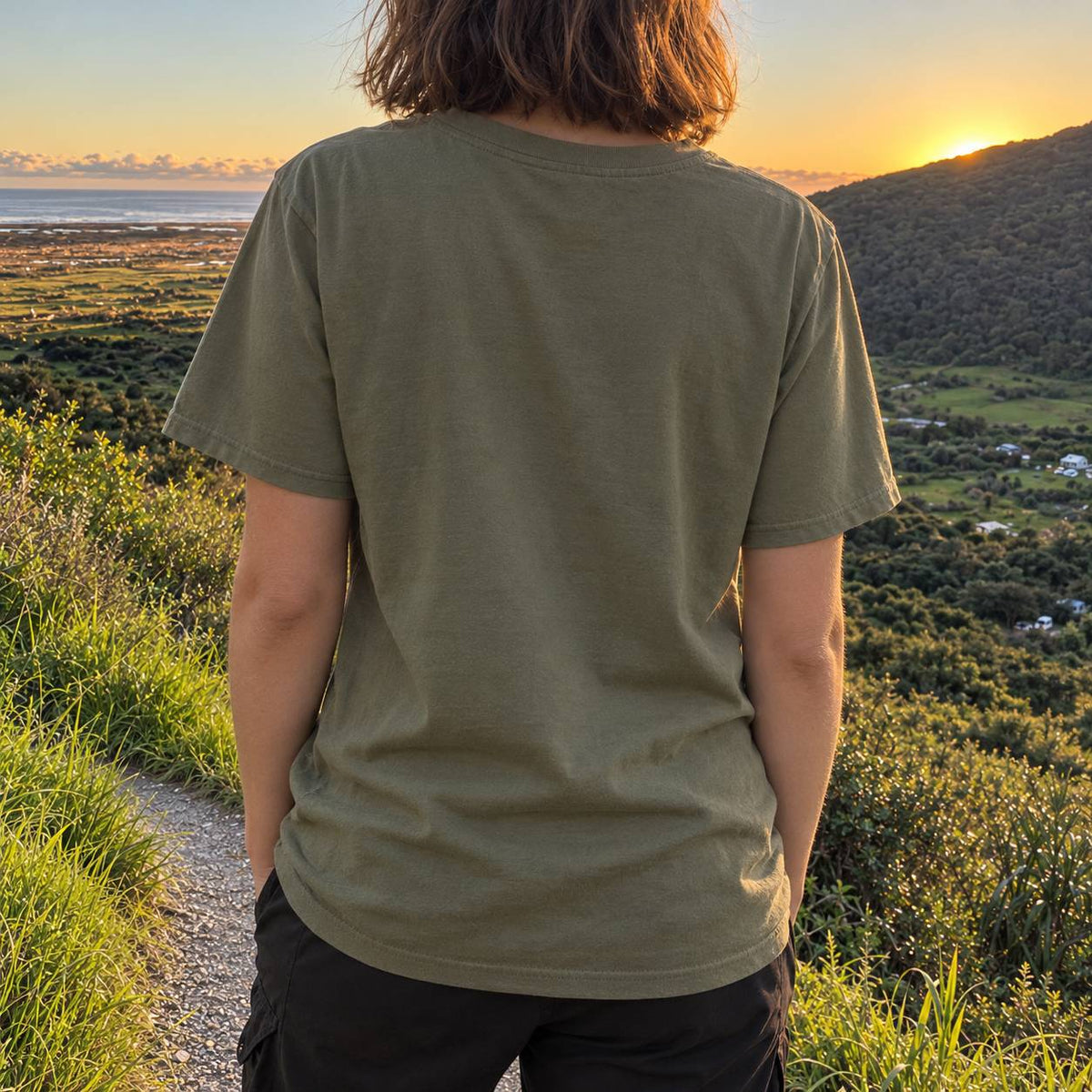 A person viewed from behind wearing an olive green short-sleeve t-shirt and black pants, standing on a grassy hillside at sunset with a scenic landscape in the background.