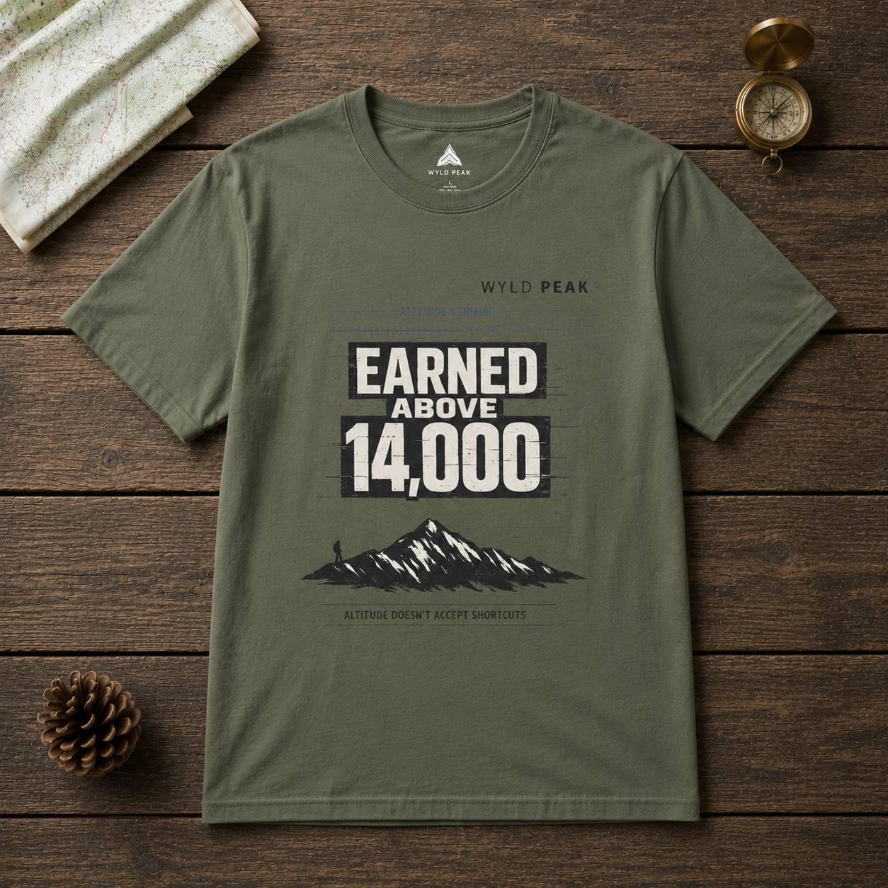 Green t-shirt with mountain graphic and text on a wooden surface