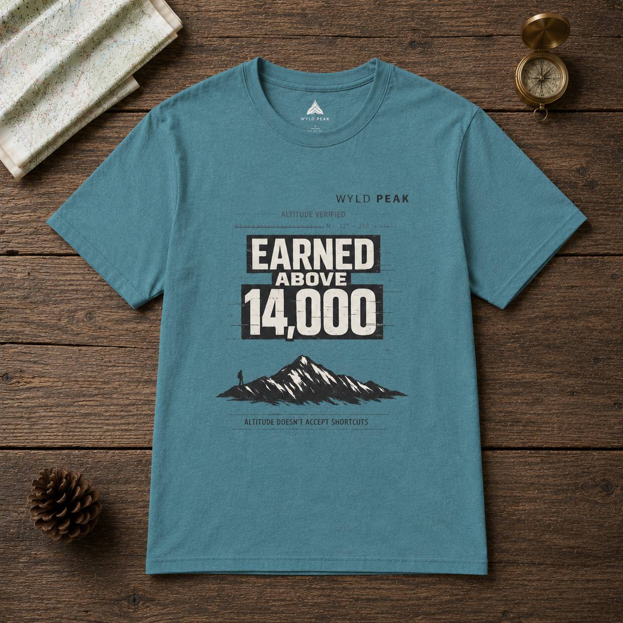 Blue t-shirt with mountain graphic and text on a wooden surface