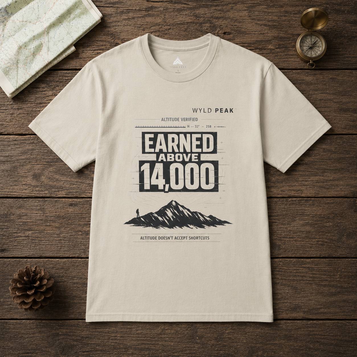 Beige t-shirt with mountain graphic and text on a wooden surface