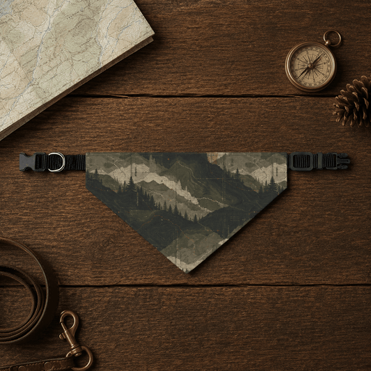 Dog collar with mountain design on a wooden surface with map, compass, and pine cone.
