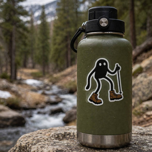 Green water bottle with a sticker of a hiking figure in a forest setting
