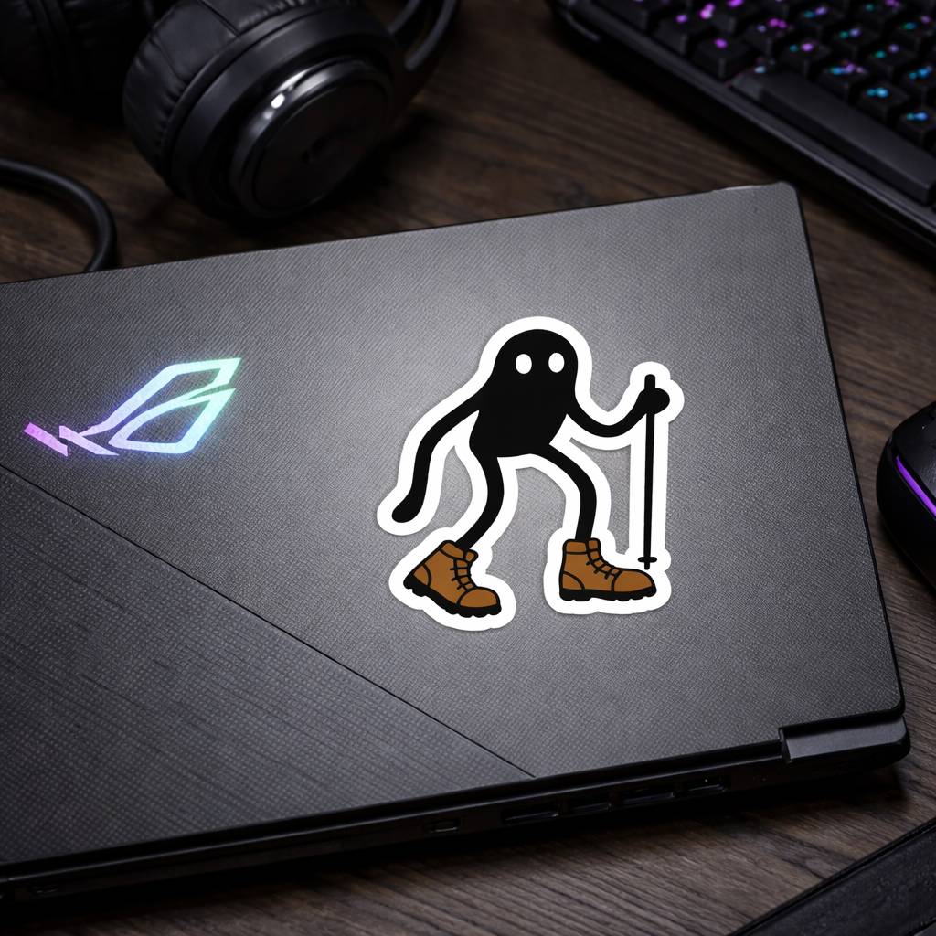 Laptop with a sticker of a character on a desk with headphones and keyboard in the background