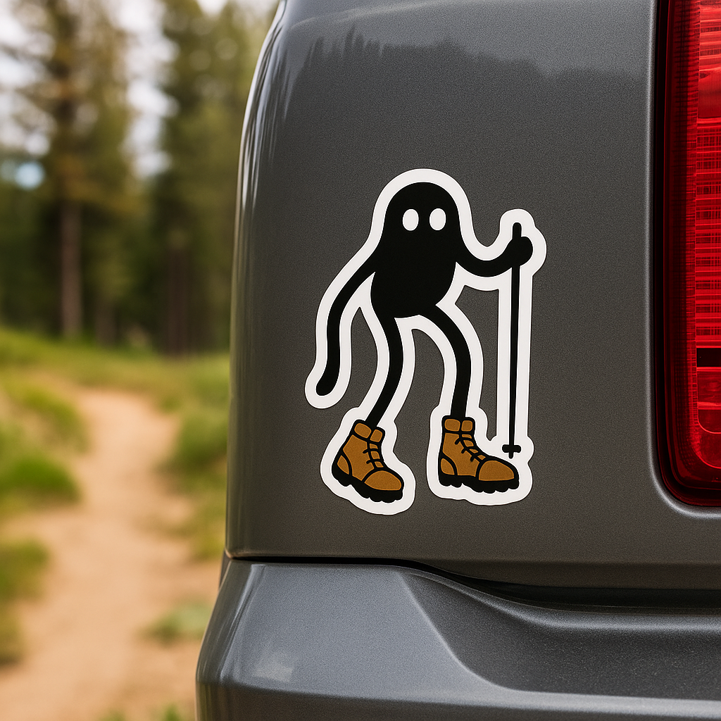 Fresno Nightcrawler cryptid vinyl sticker on back of car, durable outdoor hiking decal.