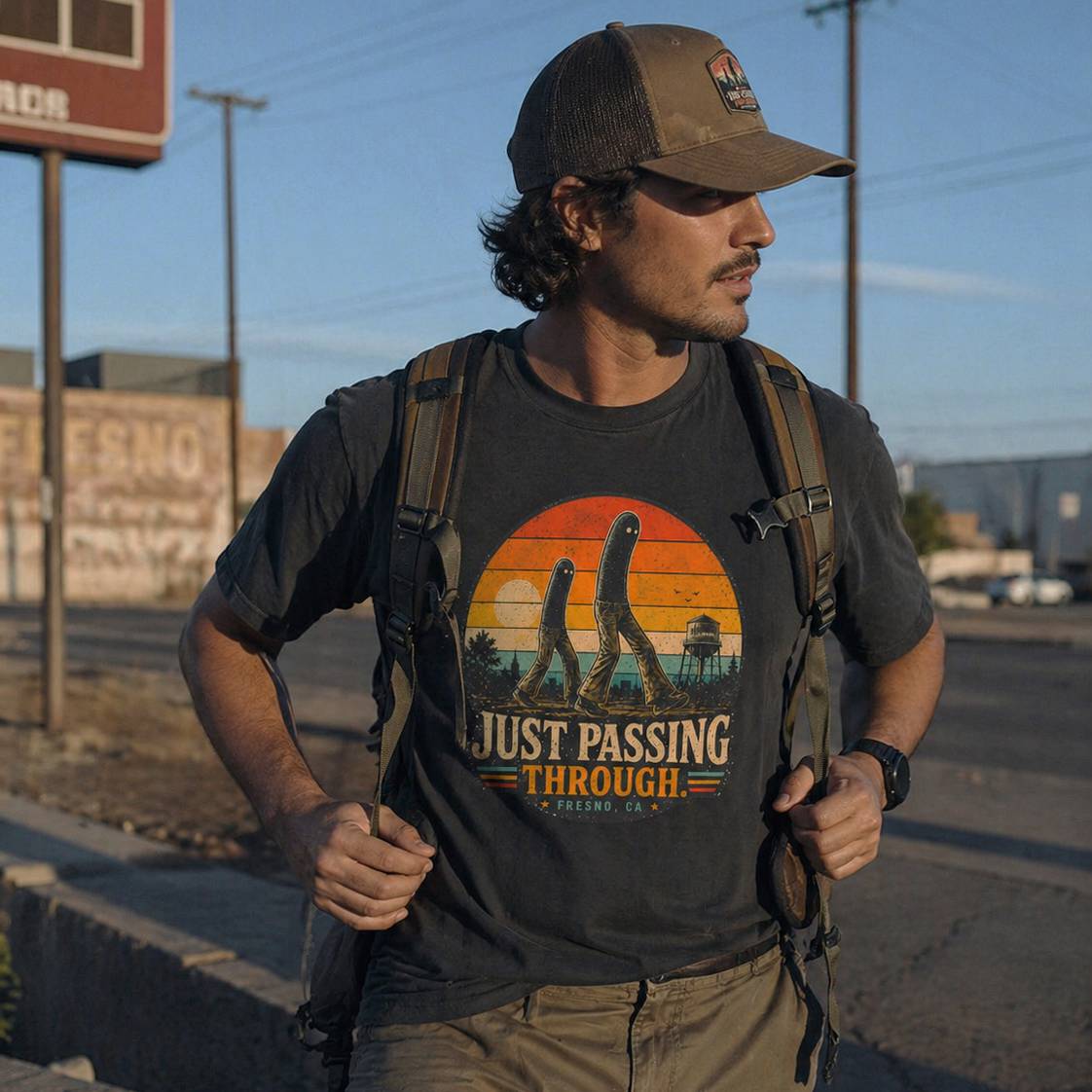 Man wearing a t-shirt with 'Just Passing Through' fresno nightcrawler graphic and a backpack, standing on a street.