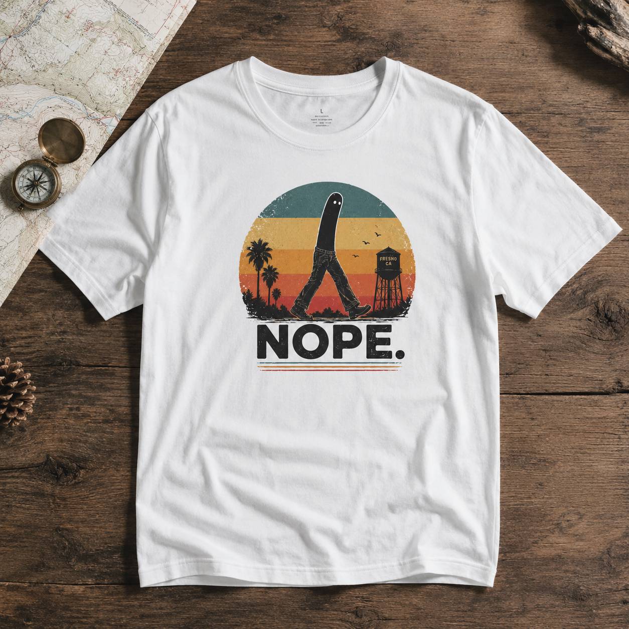 White t-shirt with 'NOPE.' fresno nightcrawler graphic design on a wooden surface