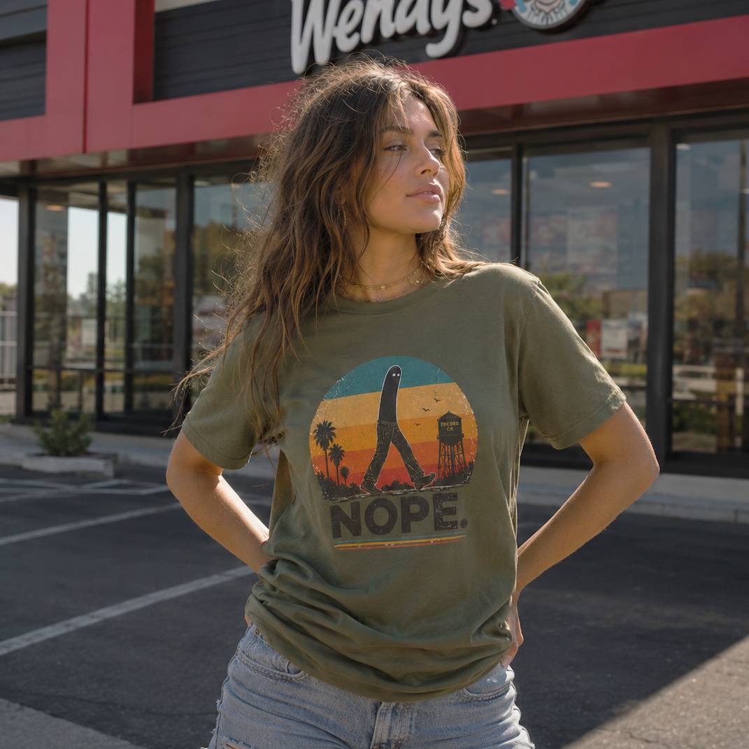 Woman wearing a t-shirt with a graphic fresno nightcrawler design and the word 'NOPE' in front of a Wendy's restaurant.