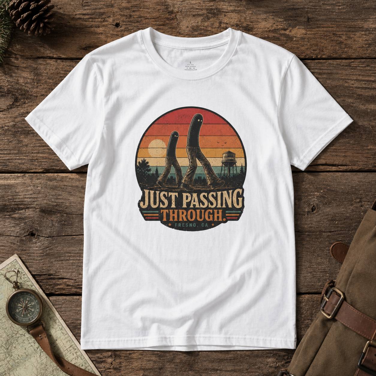 White t-shirt with 'Just Passing Through' fresno nightcrawler graphic design on a wooden surface