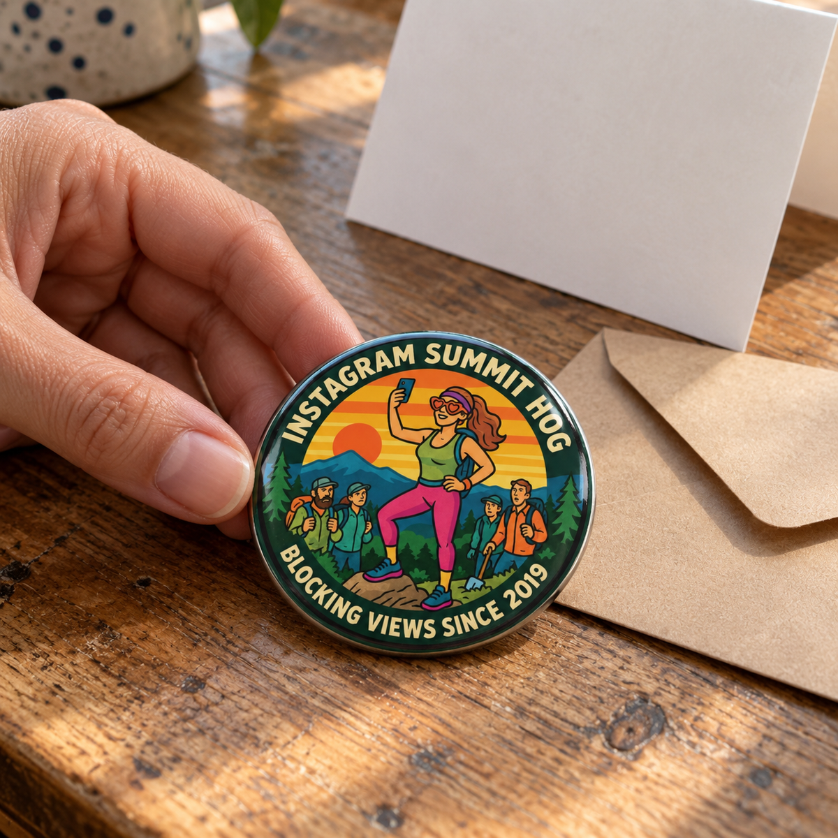 A hand holds a round metal pin badge featuring an illustrated hiker and the text 'Summit Fog Blocking Views Since 2019' on a wooden table, with a white card and brown envelope nearby.