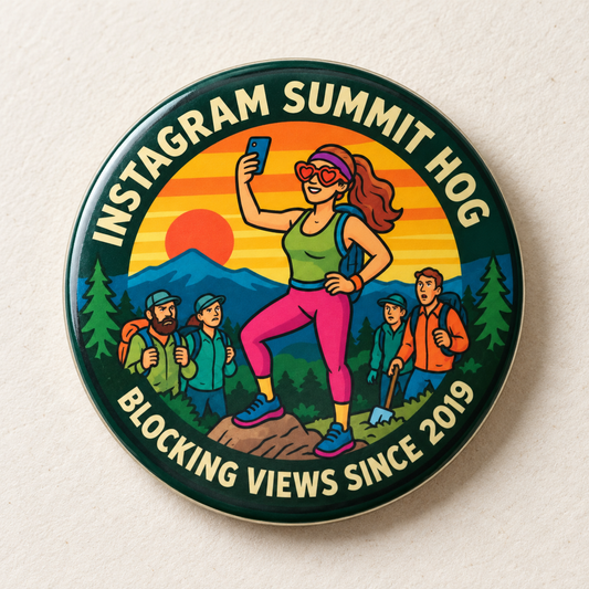 A round pin-back button badge featuring a colorful retro illustration of a woman taking a selfie on a mountain top with other hikers below. The badge has a dark green border with cream-colored text reading 'SUMMIT HOG' and 'BLOCKING VIEWS SINCE 2019'.