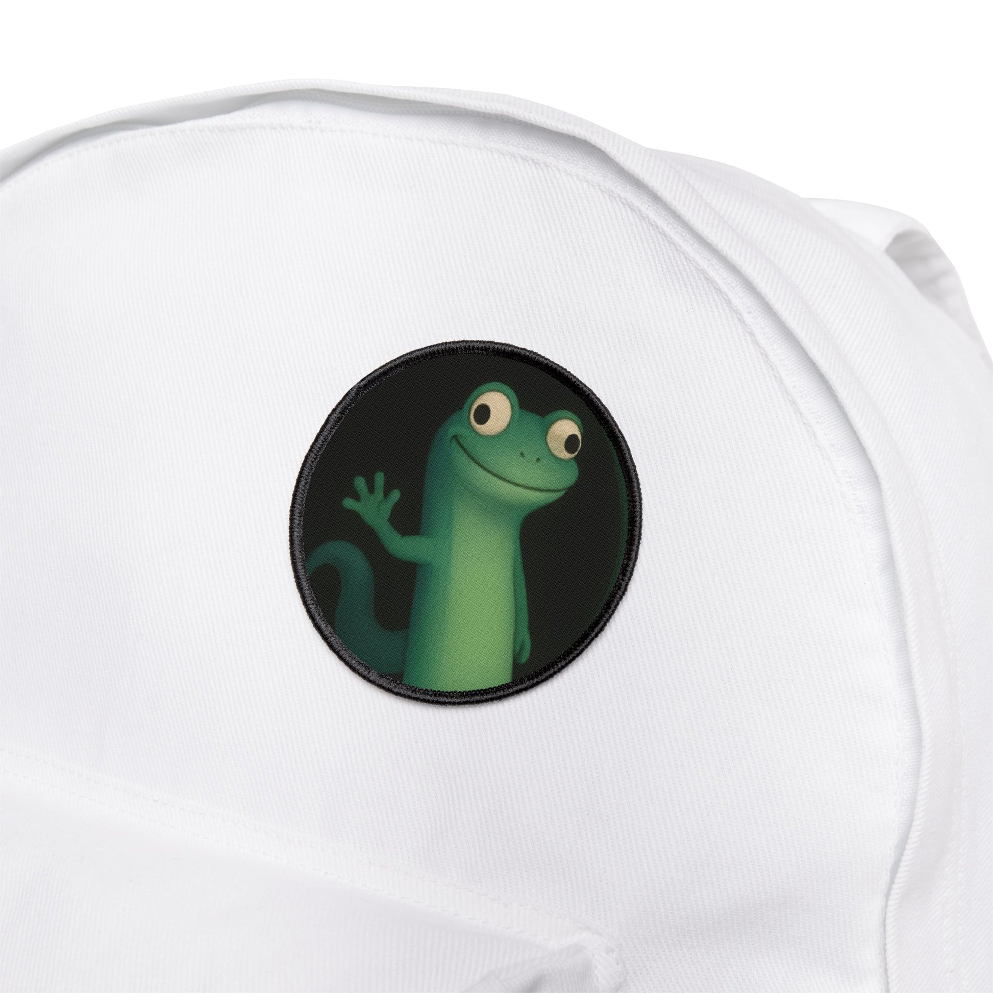 Funny lizard meme iron-on patch on white backpack, durable polyester reptile patch for bags.