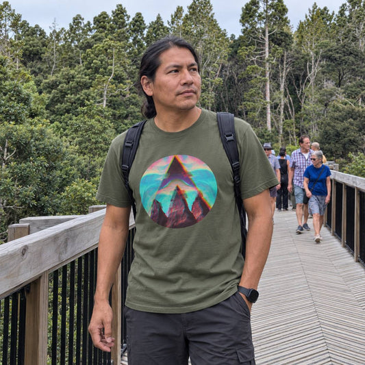 A man wearing an olive green t-shirt with a colorful mountain graphic, standing on a wooden boardwalk surrounded by a forest. Other people are visible walking in the background.