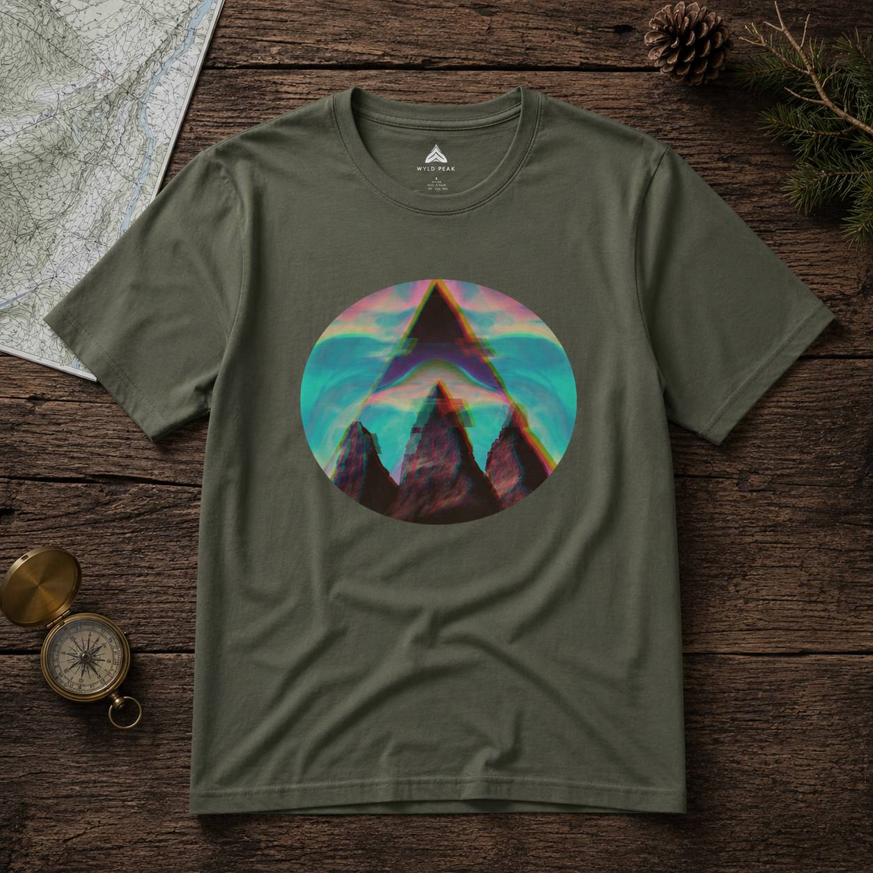 Green t-shirt with mountain graphic on a wooden surface with nature-themed items.