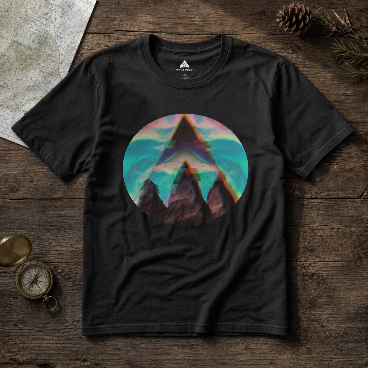Black t-shirt with a colorful mountain graphic on a wooden surface