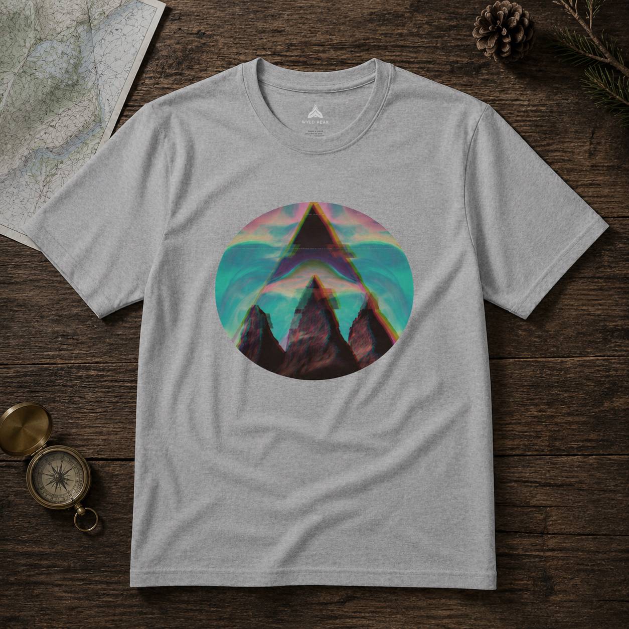 Gray t-shirt with a colorful mountain design on a wooden surface