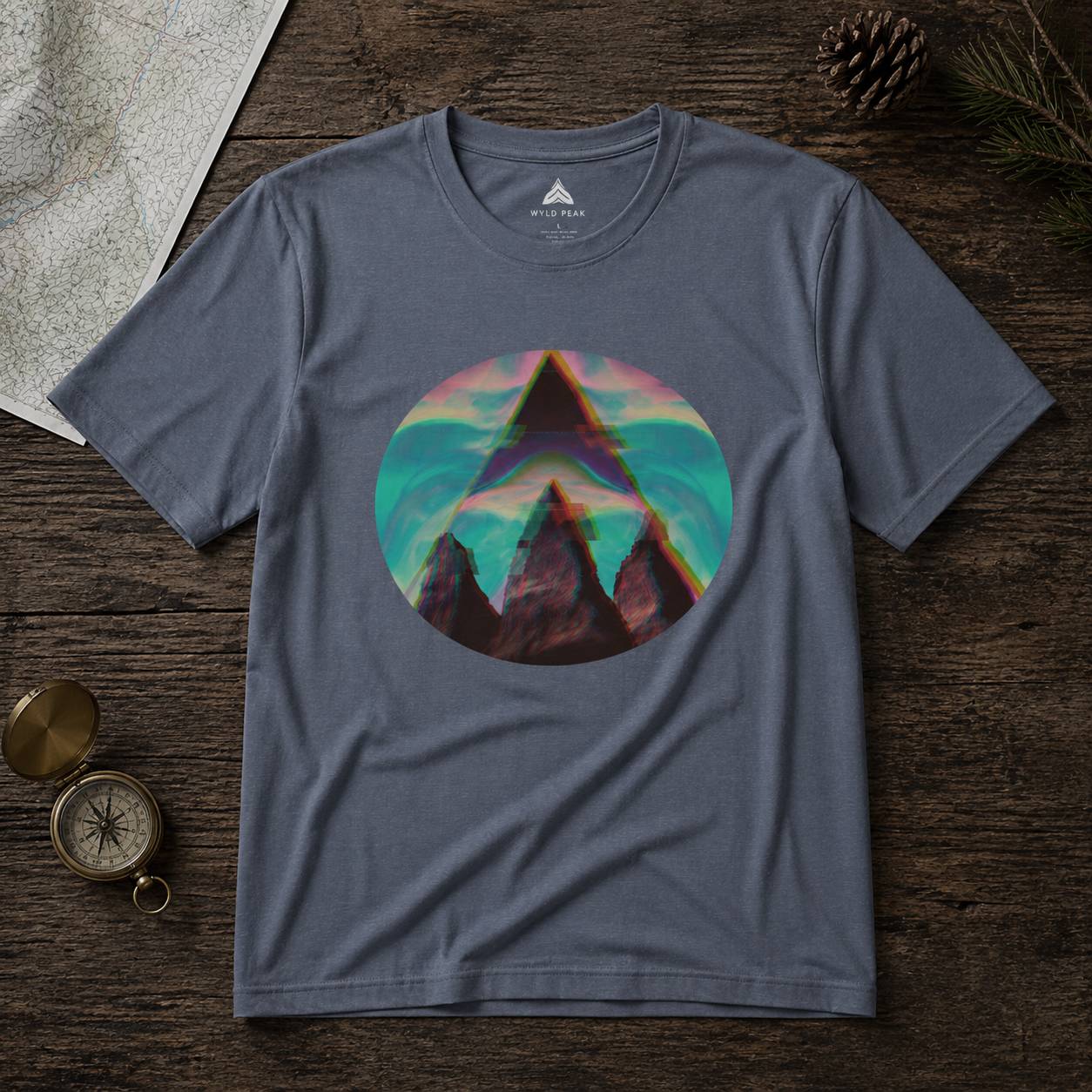 Gray t-shirt with a colorful mountain graphic on a wooden surface
