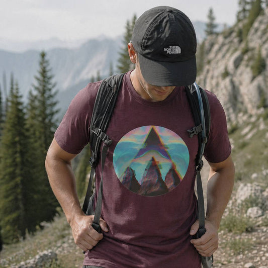 Man hiking with a backpack and a t-shirt with a mountain design, wearing a cap.