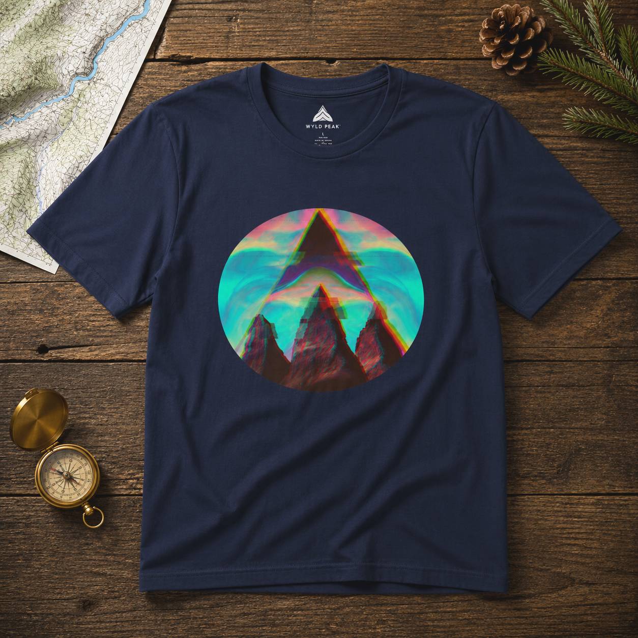 Navy blue t-shirt with a colorful mountain graphic on a wooden surface with a map and compass.