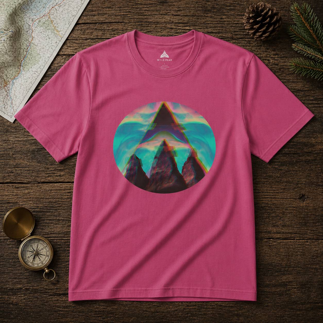 Pink t-shirt with mountain graphic on a wooden surface