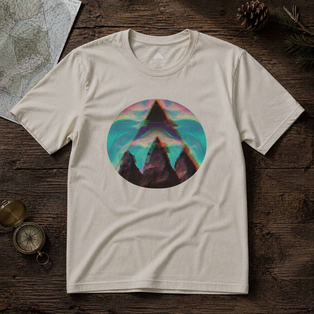 Beige t-shirt with a colorful mountain graphic on a wooden surface