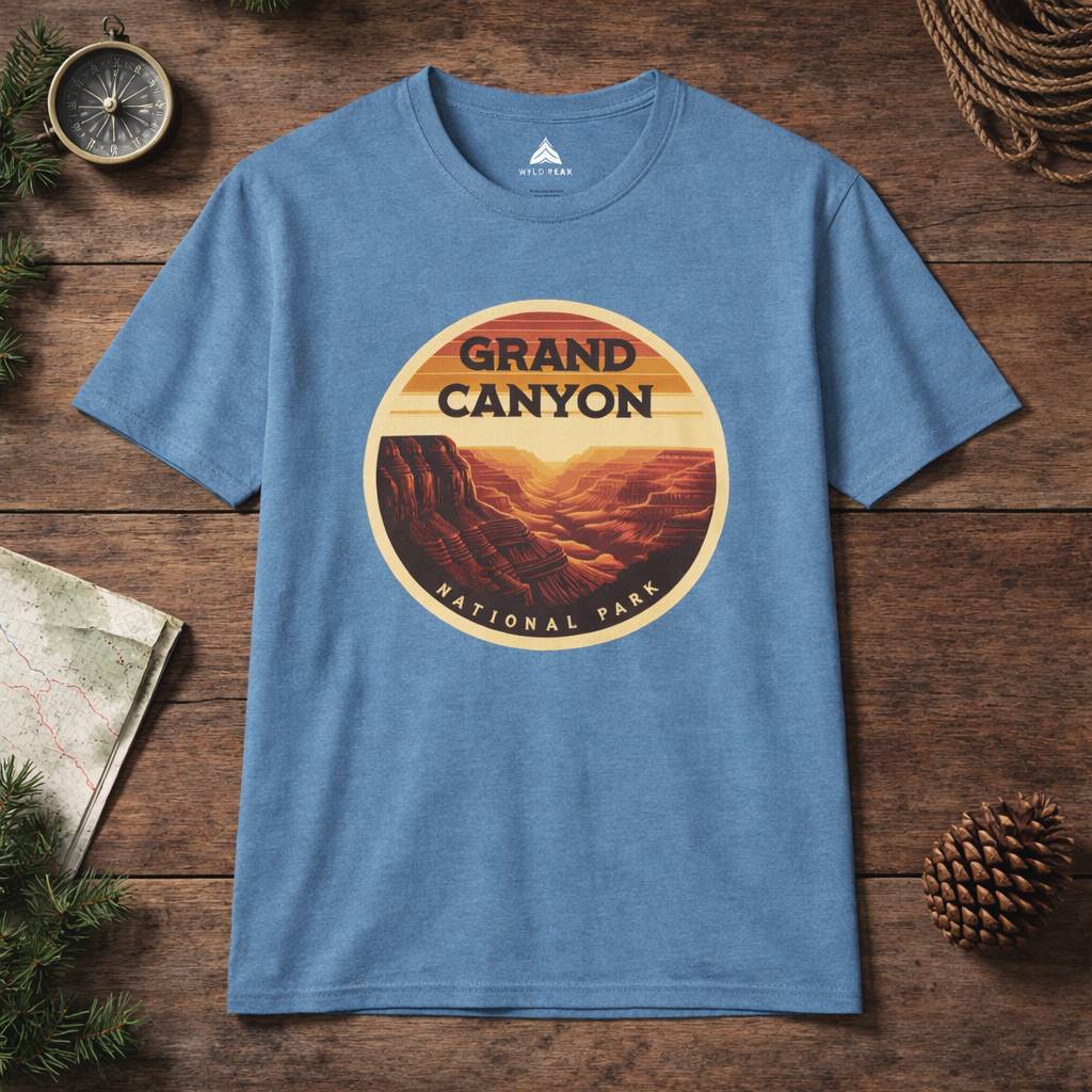 Blue t-shirt with Grand Canyon National Park graphic on a wooden surface with nature-themed decor.