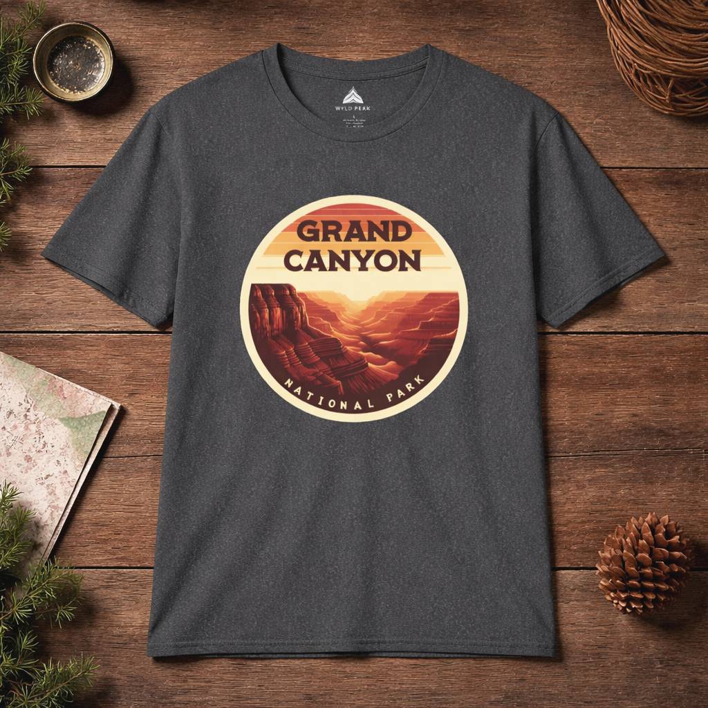 Gray t-shirt with Grand Canyon National Park graphic on a wooden surface