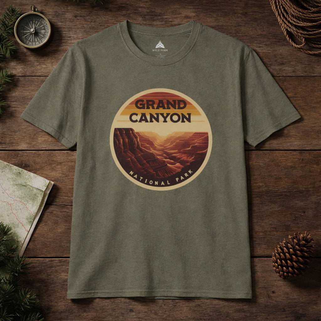 Green t-shirt with Grand Canyon National Park graphic on a wooden surface