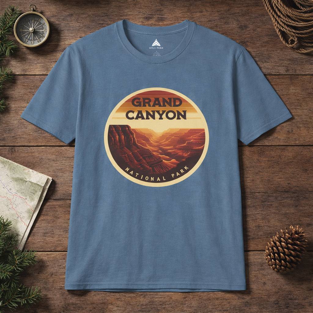 Blue t-shirt with Grand Canyon National Park graphic on a wooden surface with nature-themed decor.