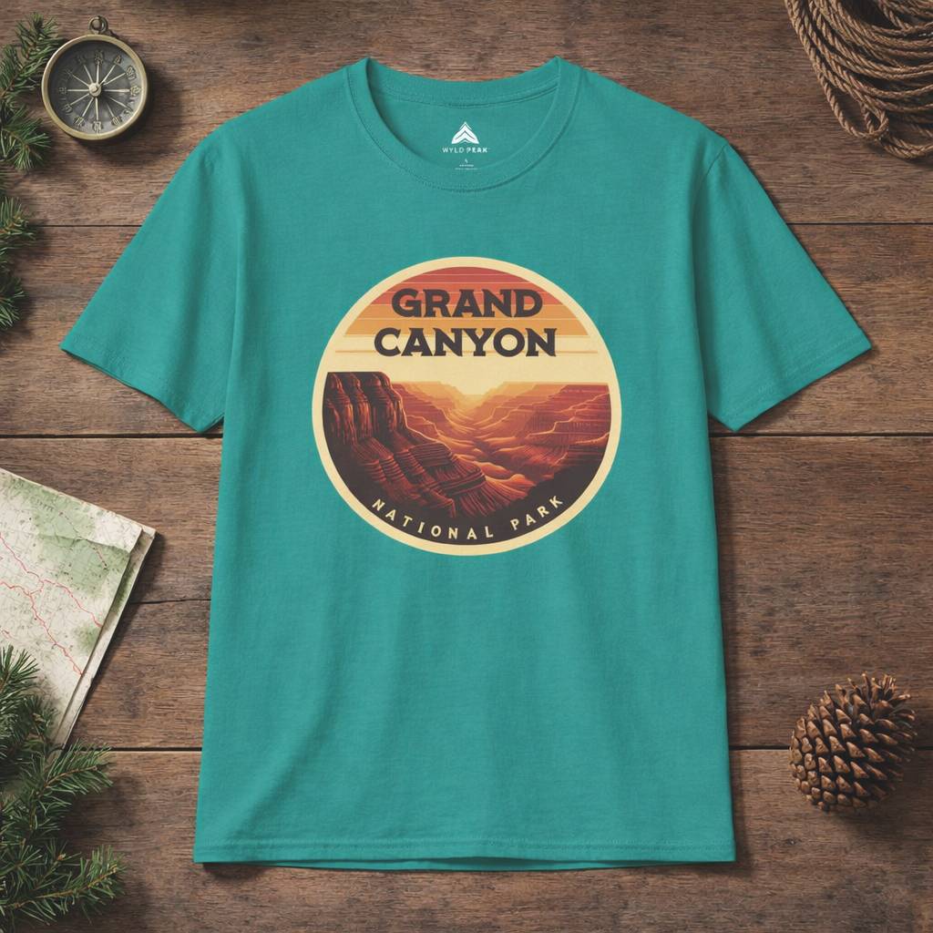 Teal t-shirt with Grand Canyon National Park graphic on a wooden surface with nature-themed decor.